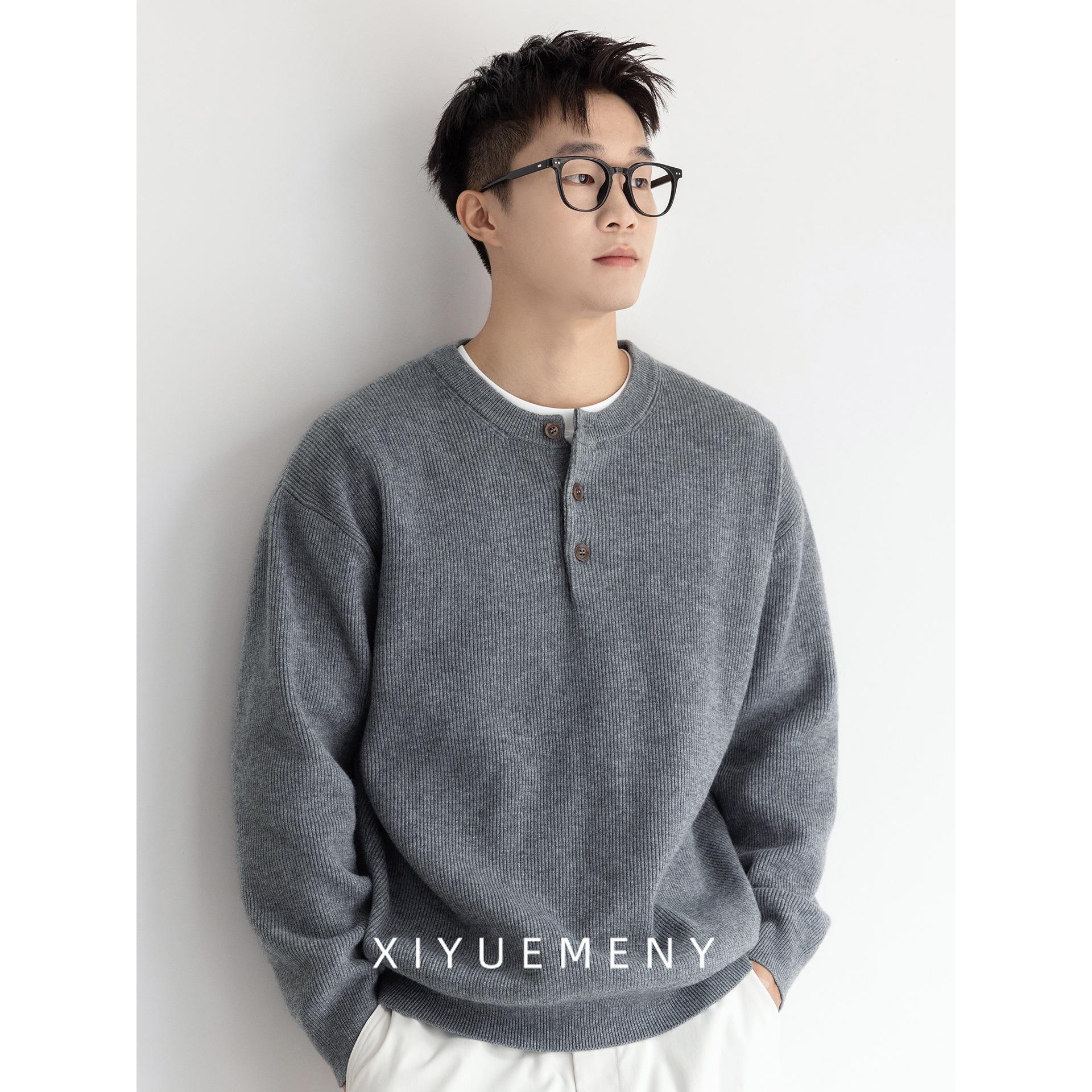针织亨利领重磅休闲长袖毛衣男士宽松大码秋冬季新款百搭潮牌上衣