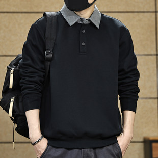 美式复古重磅polo领卫衣男春秋加绒撞色拼接翻领宽松休闲外套男装