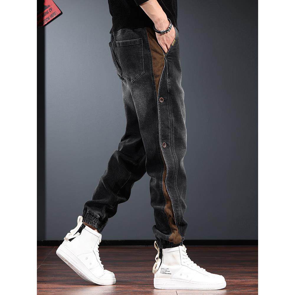 潮牌牛仔裤男秋冬款痞帅加绒裤子2025新款束脚哈伦裤高级感工装裤
