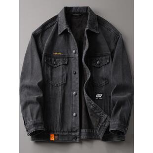 冬季加绒牛仔外套男士潮牌复古工装宽松加厚保暖黑色棉衣夹克