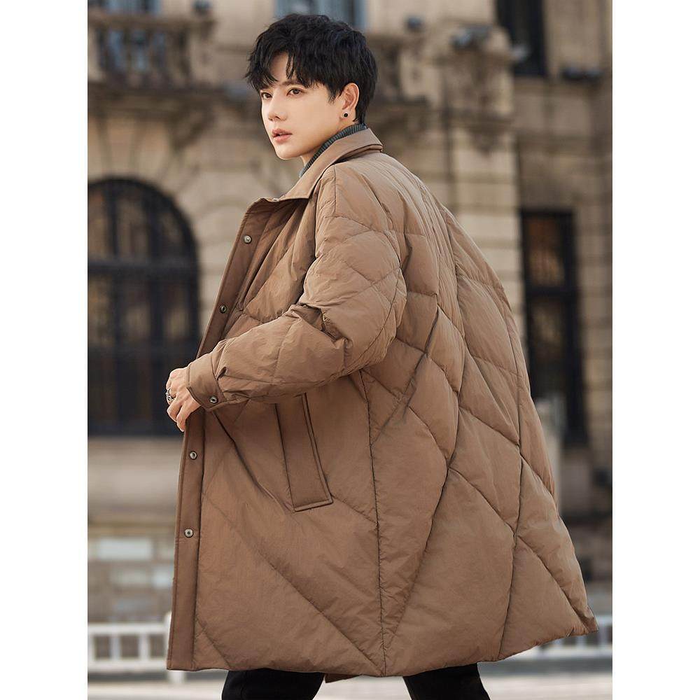 高端男士轻薄羽绒服中长款秋冬季2025新款加厚菱格外套90白鸭绒潮