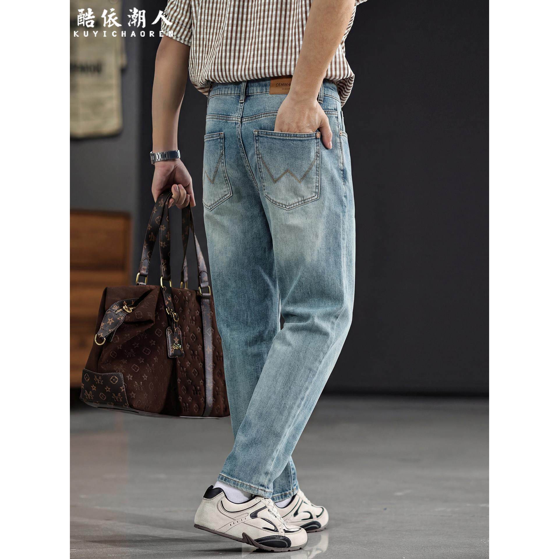 极简老钱风做旧水洗弹力牛仔裤男2026新款直筒浅蓝色大码