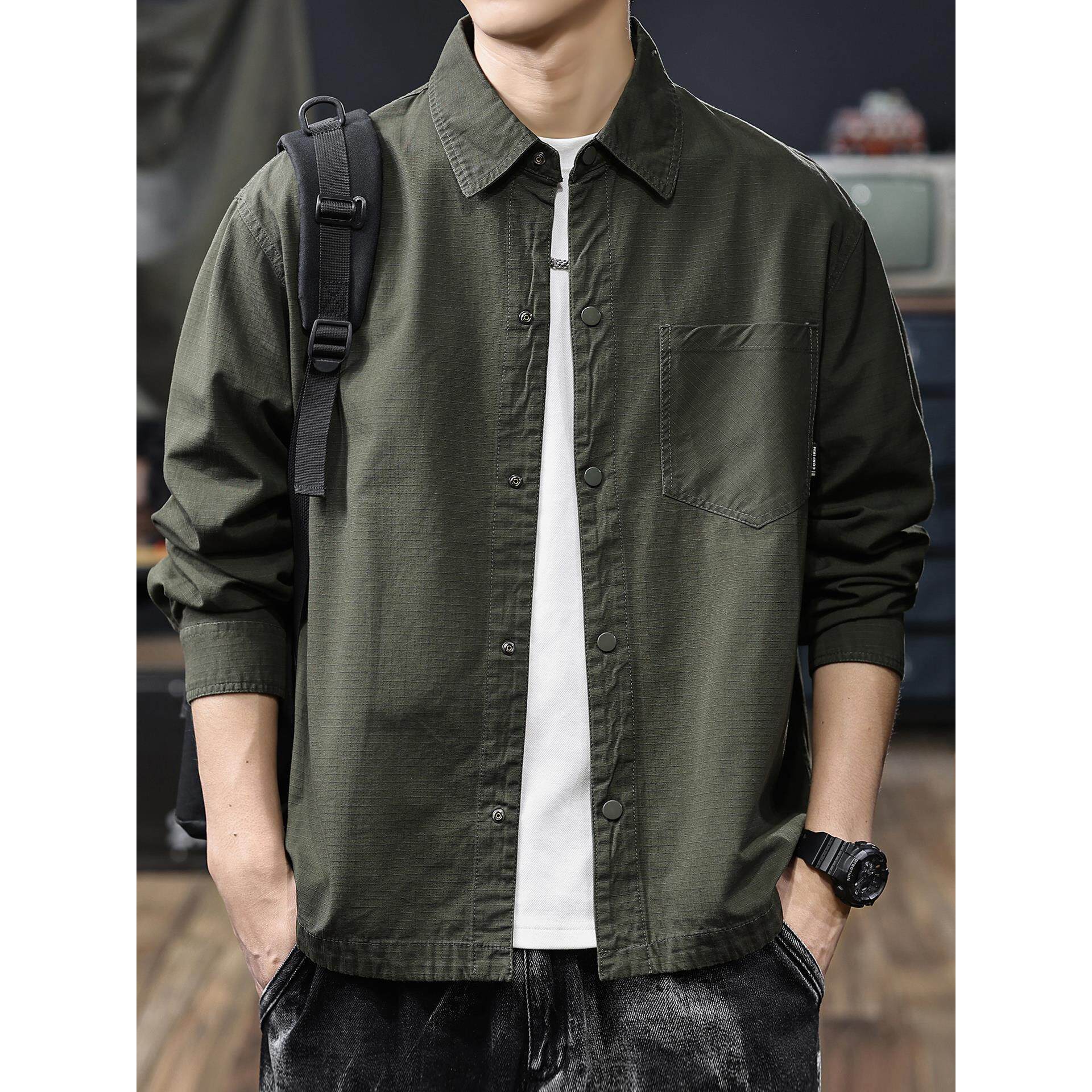 美式复古纯棉格纹衬衫男长袖2025秋季新款潮流帅气男士衬衣外套潮