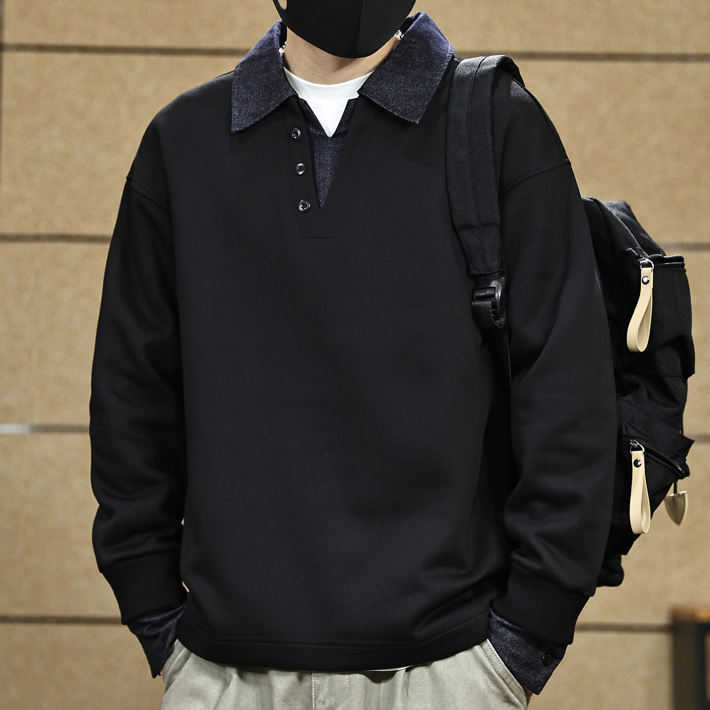 高端假两件撞色拼接重磅牛仔Polo衫男美式复古宽松翻领加绒卫衣男
