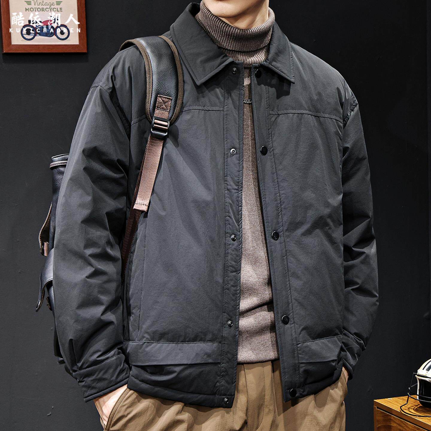 2025新款工装风翻领羽绒服男短款高端休闲轻薄夹克外套黑色