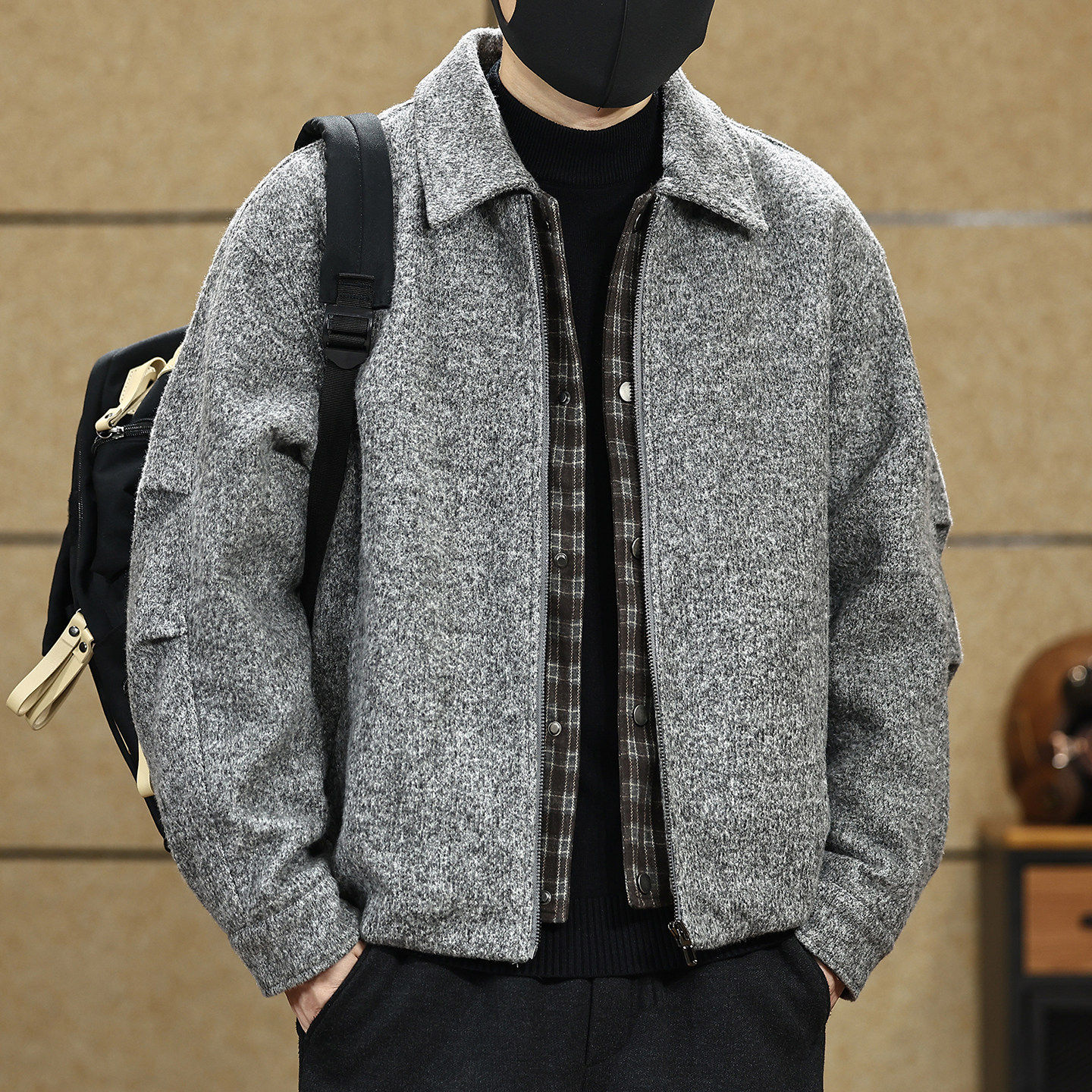 老钱风格子假两件翻领棉服夹克男士冬季宽松毛呢夹棉保暖外套棉衣