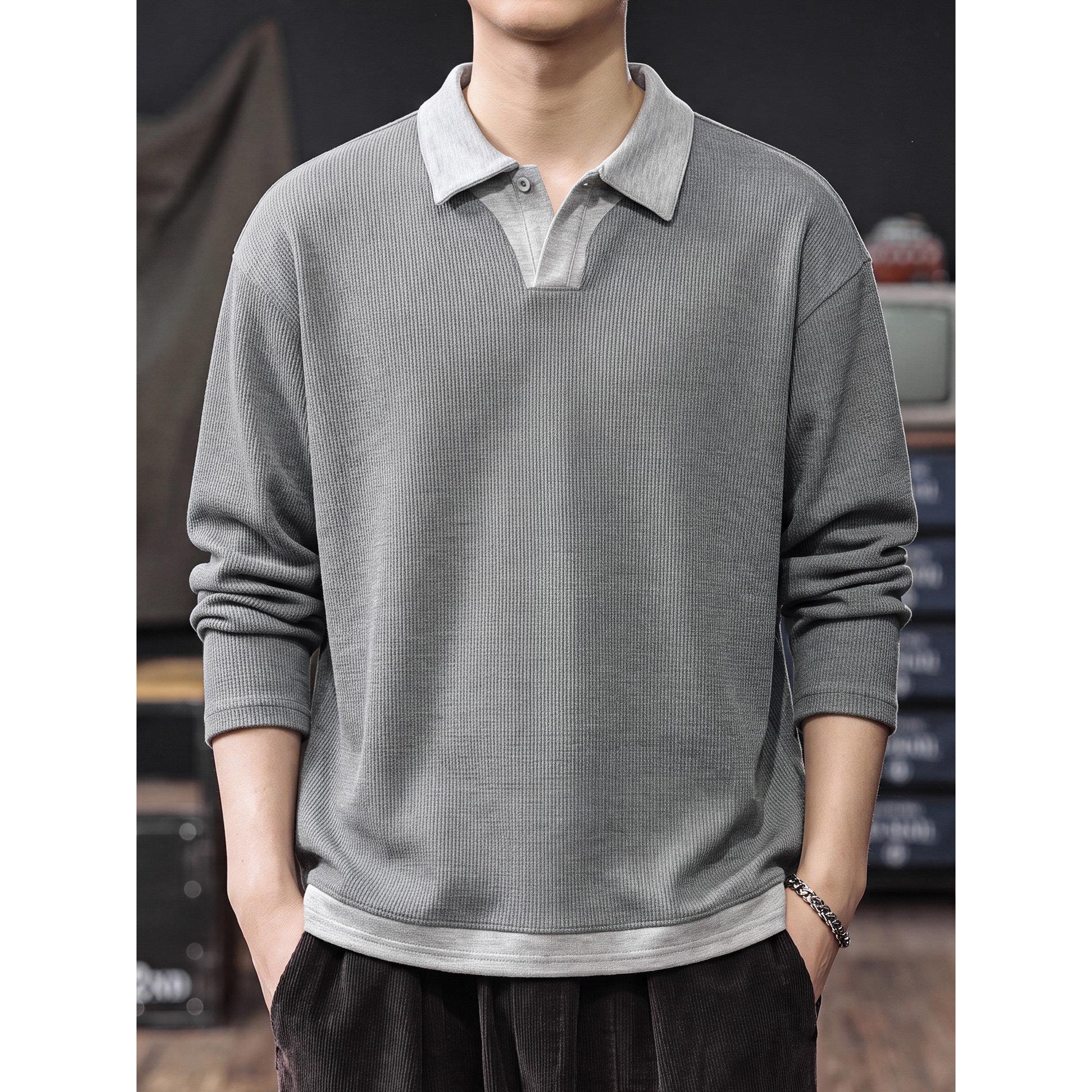 380g重磅华夫格POLO衫男2026秋季假两件休闲翻领长袖T恤男装上衣