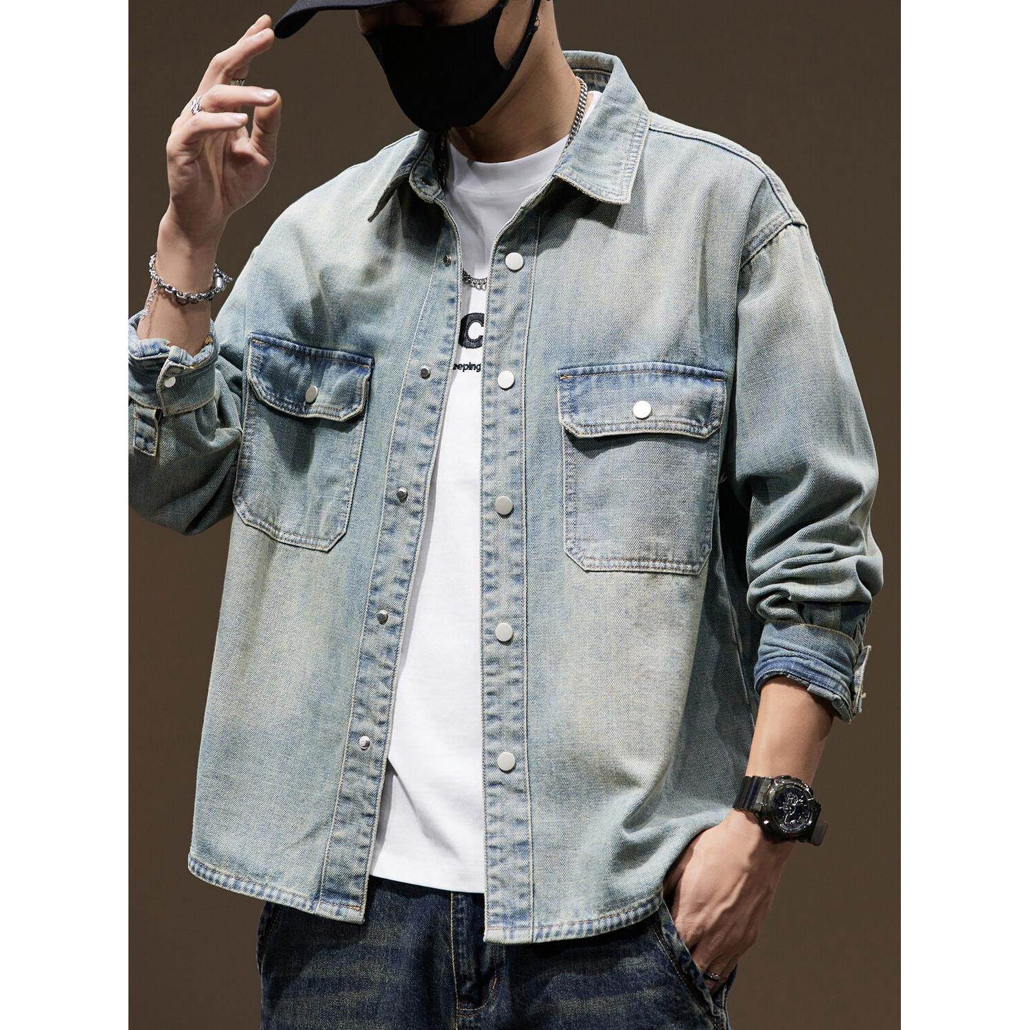 春季高端衬衫男外套2026新款男装休闲春秋款衣服复古衬衣牛仔浅色