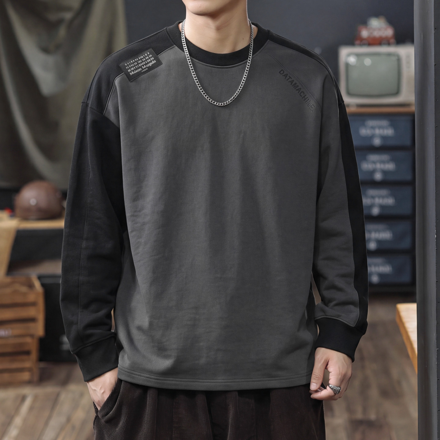 420g重磅厚款纯棉拼接卫衣男士2026秋季新款宽松加绒保暖圆领上衣