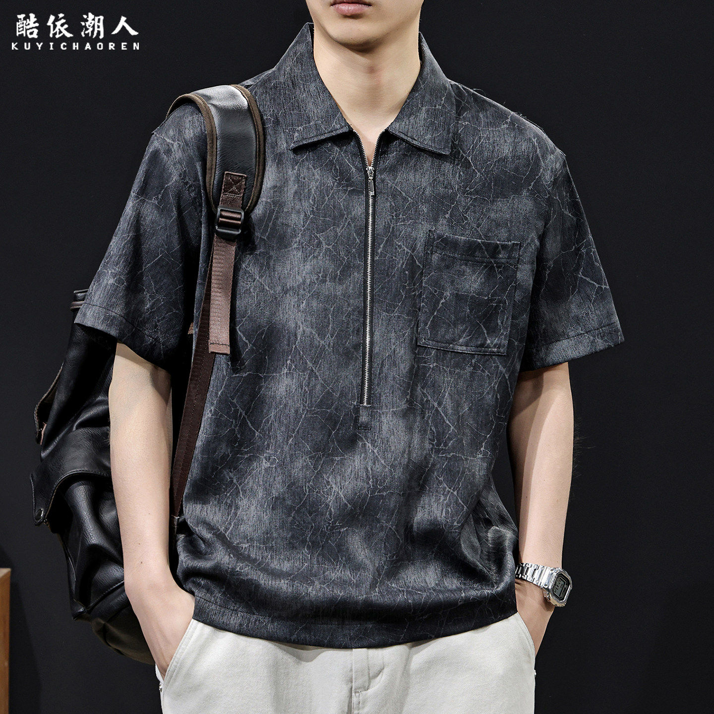 高端轻奢亚麻半拉链polo衫男短袖T恤26新款夏季宽松大码休闲衣服