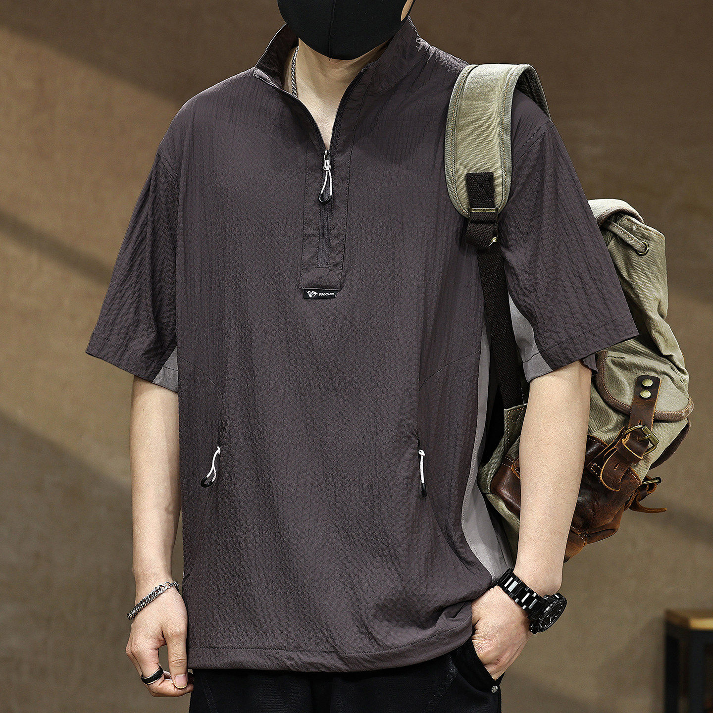 美式速干立领短袖polo衫男夏季薄款宽松拼接高端机能风泡泡纱t恤