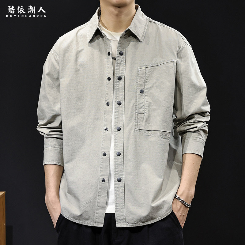 秋季2025新款衬衫男士长袖美式休闲重磅水洗潮牌大码衣服外套春秋