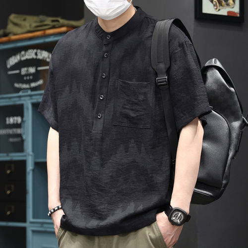 亨利领亚麻短袖衬衫男士夏季薄款复古宽松透气休闲百搭半袖衬衣潮