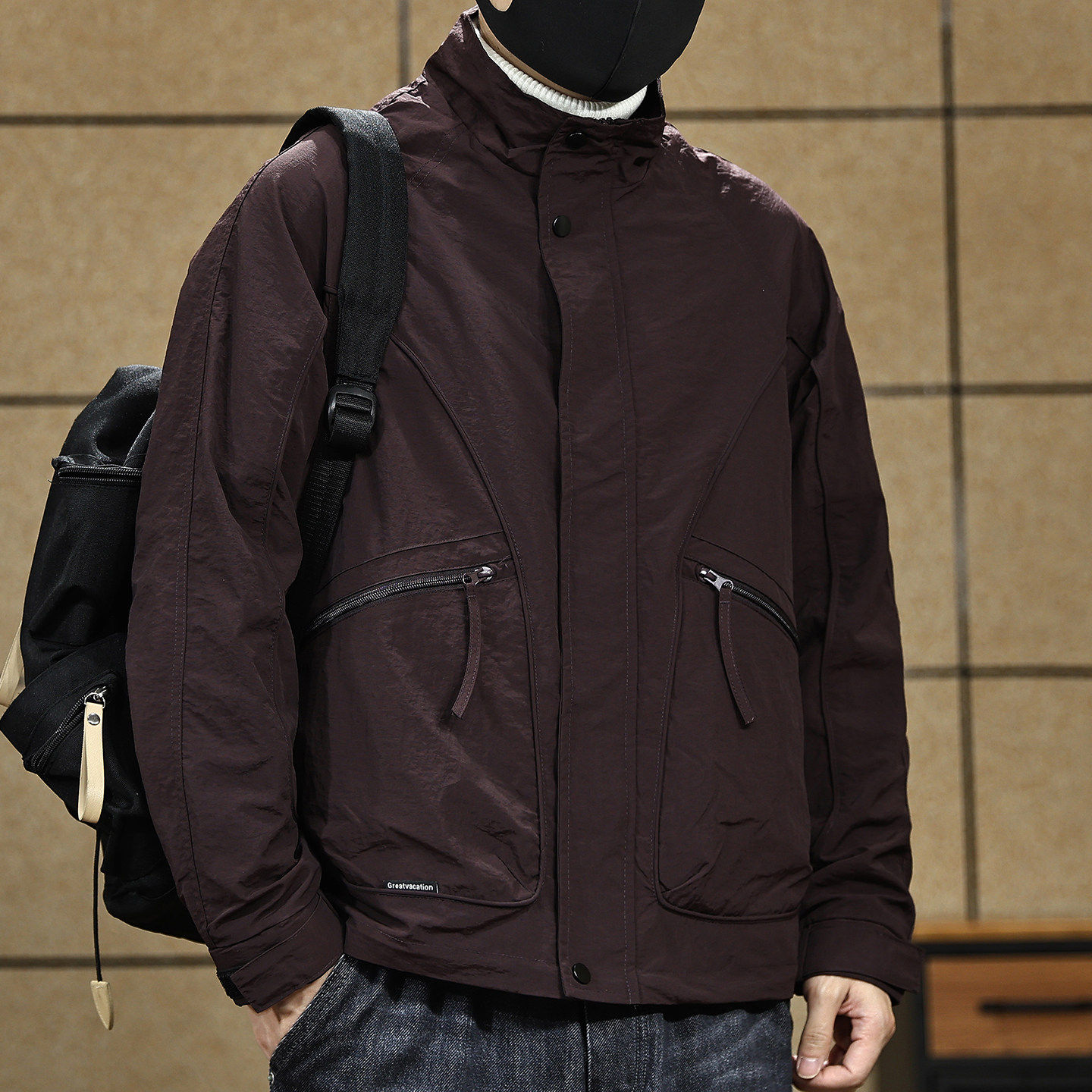 美式户外男士冲锋上衣外套春秋新款宽松休闲防风工装立领夹克外套