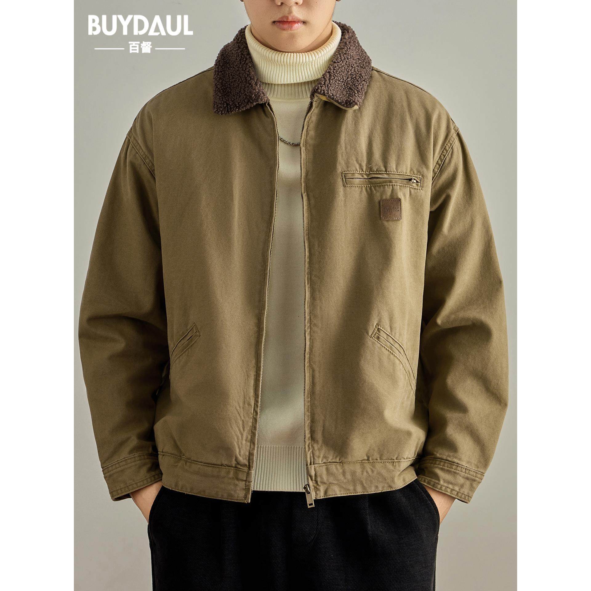 美式高街复古机车风底特律工装夹克男冬季宽松加厚羊羔绒棉衣外套