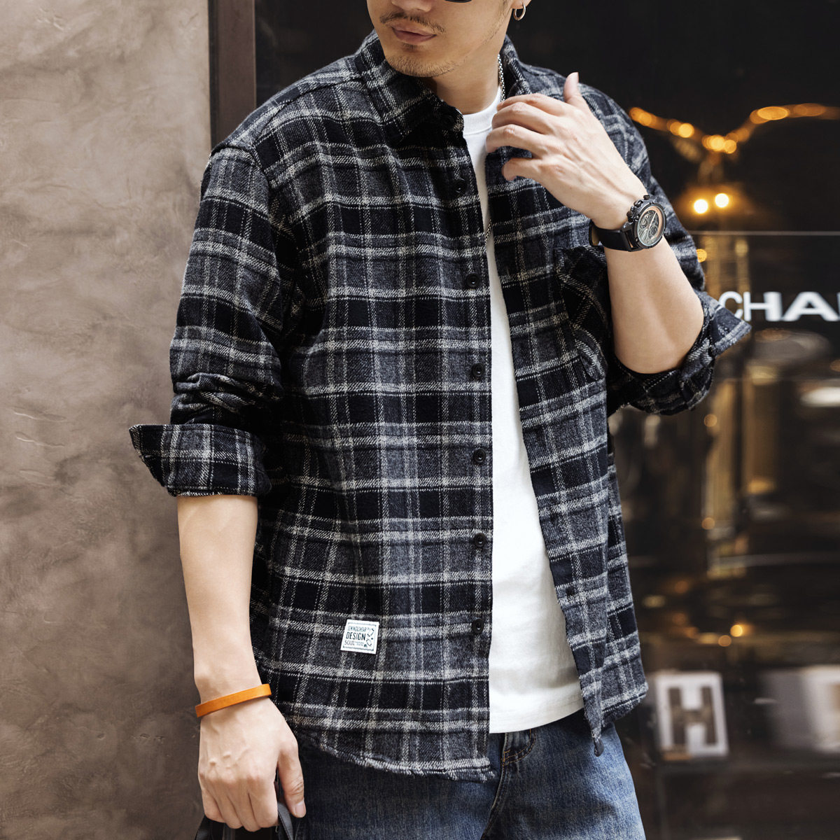 高端英伦格子长袖衬衫男20