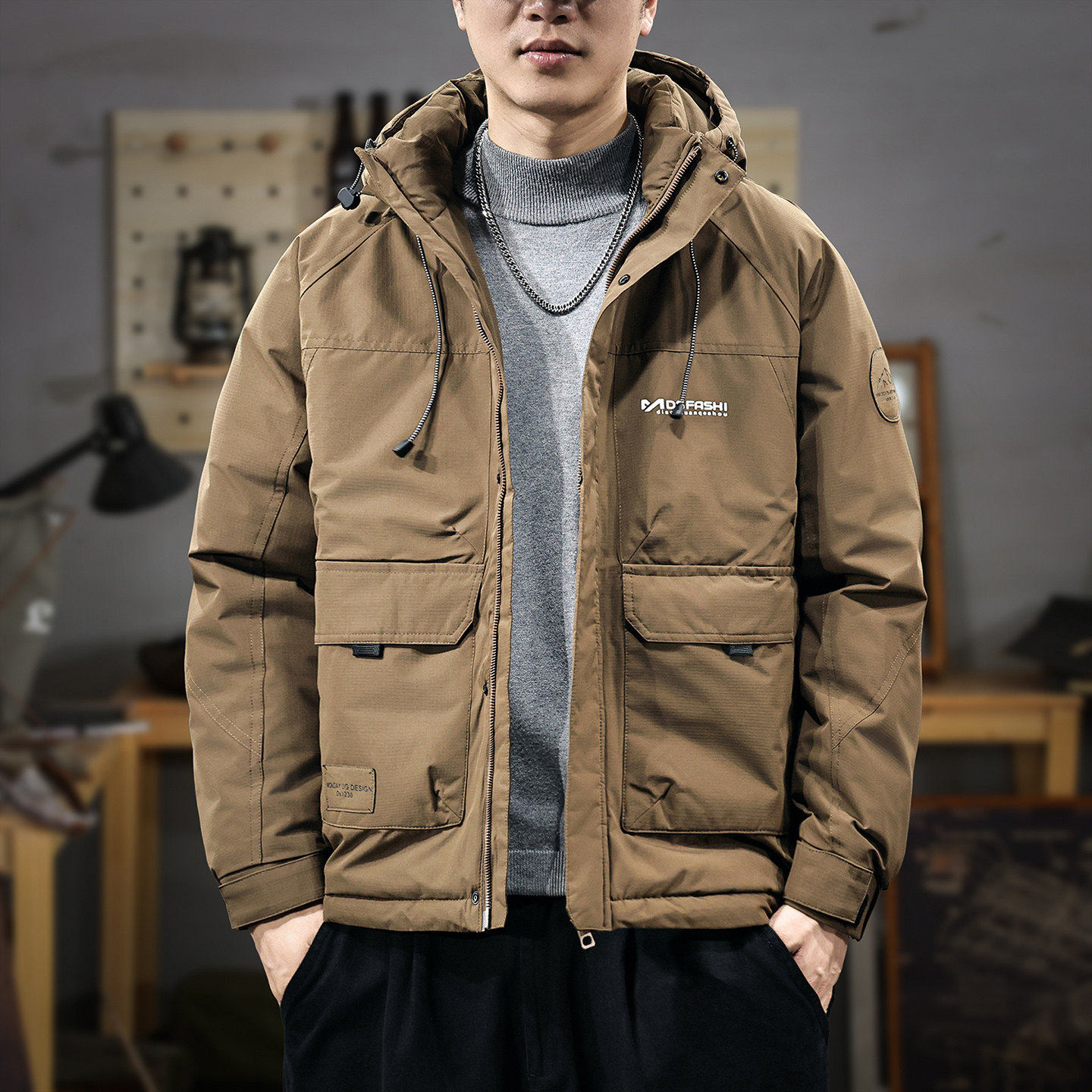 冬季新款美式复古工装羽绒服男2026户外机能连帽棉服宽松保暖外套