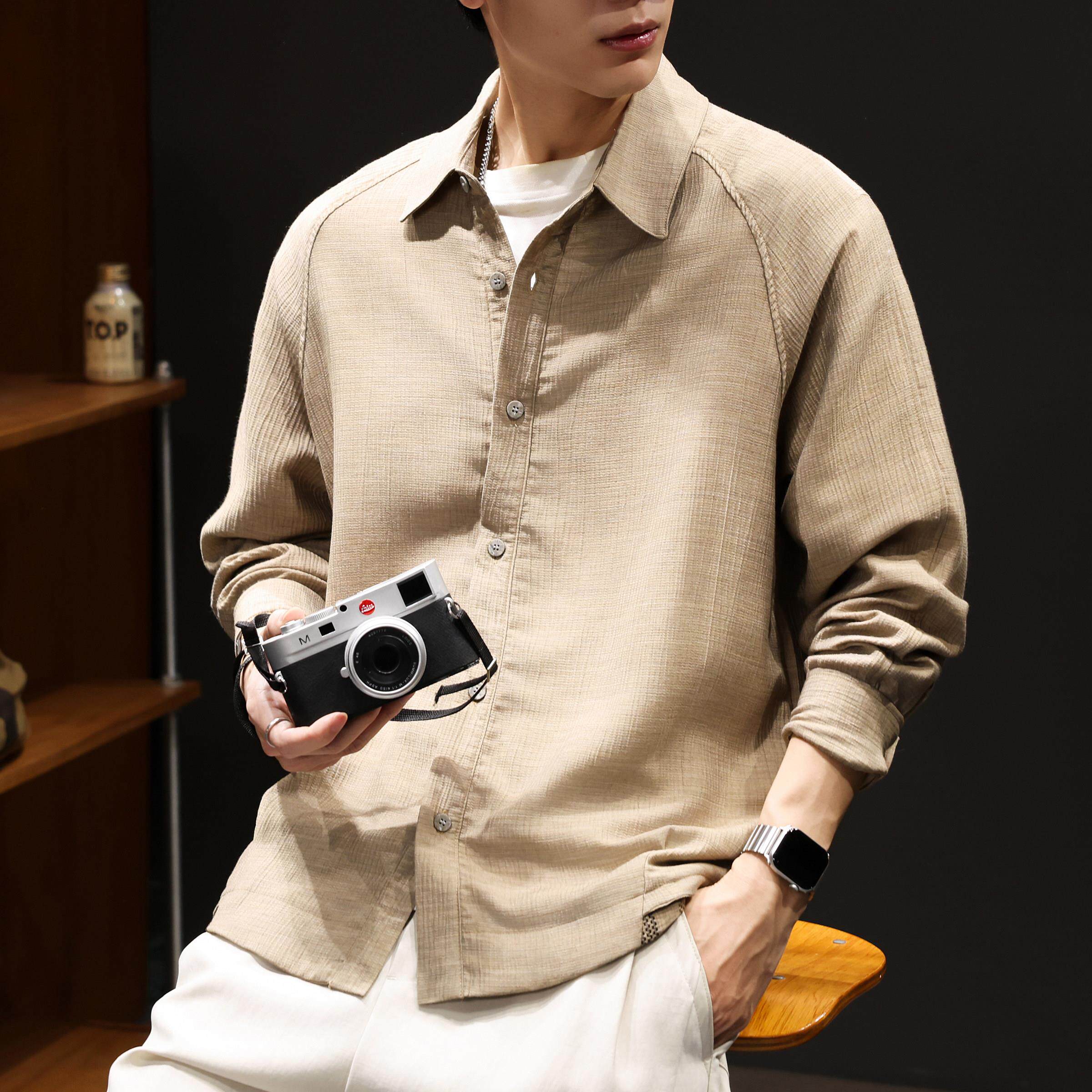 2026春季新款老钱风肌理感透气薄款衬衫男士休闲长袖假两件衬衣