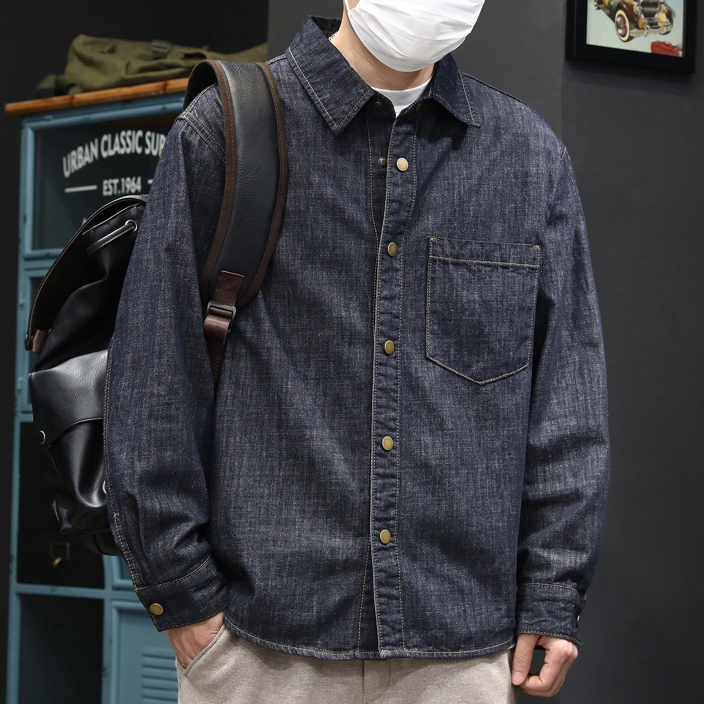 美式高街潮牌原色牛仔衬衫男款2026春季新款宽松翻领长袖衬衣外套