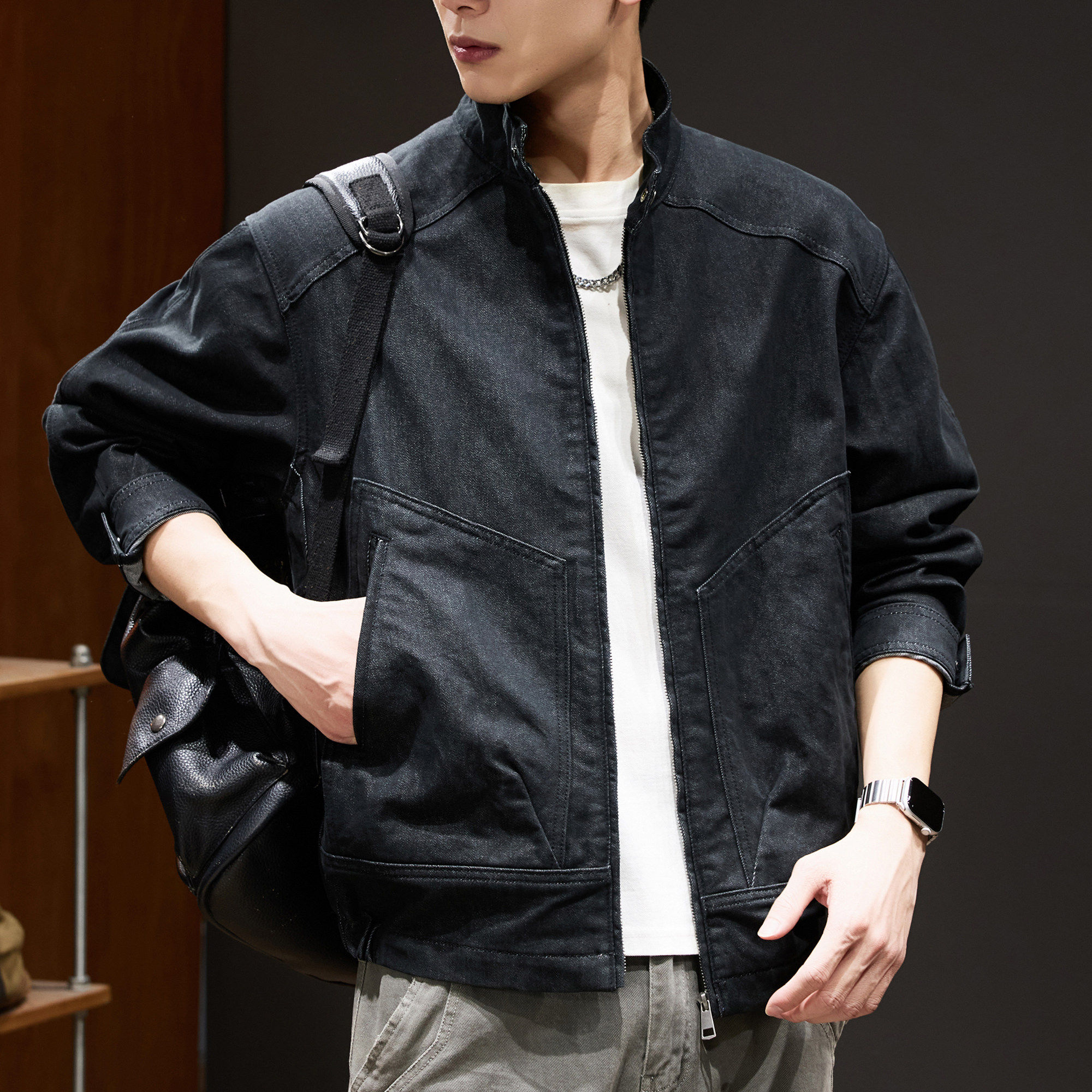 黑色立领哈灵顿牛仔夹克男2026春季新款宽松大码痞帅通勤防风外套