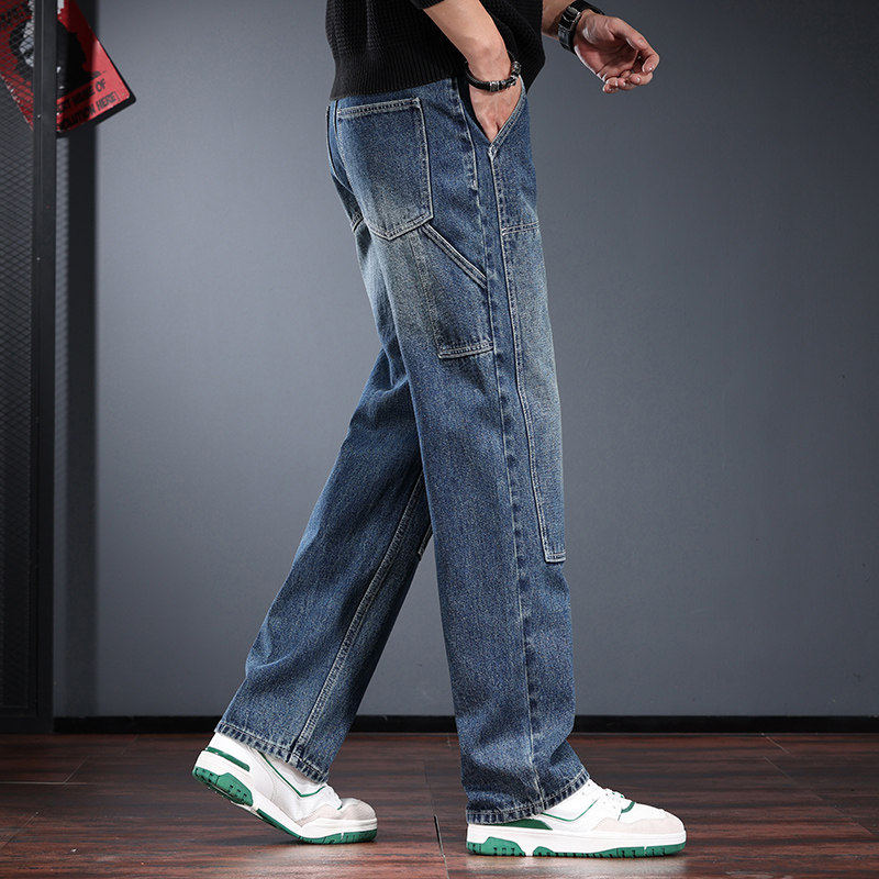 复古水洗牛仔裤男秋冬款拼接设计感宽松直筒阔腿裤蓝色工装伐木裤