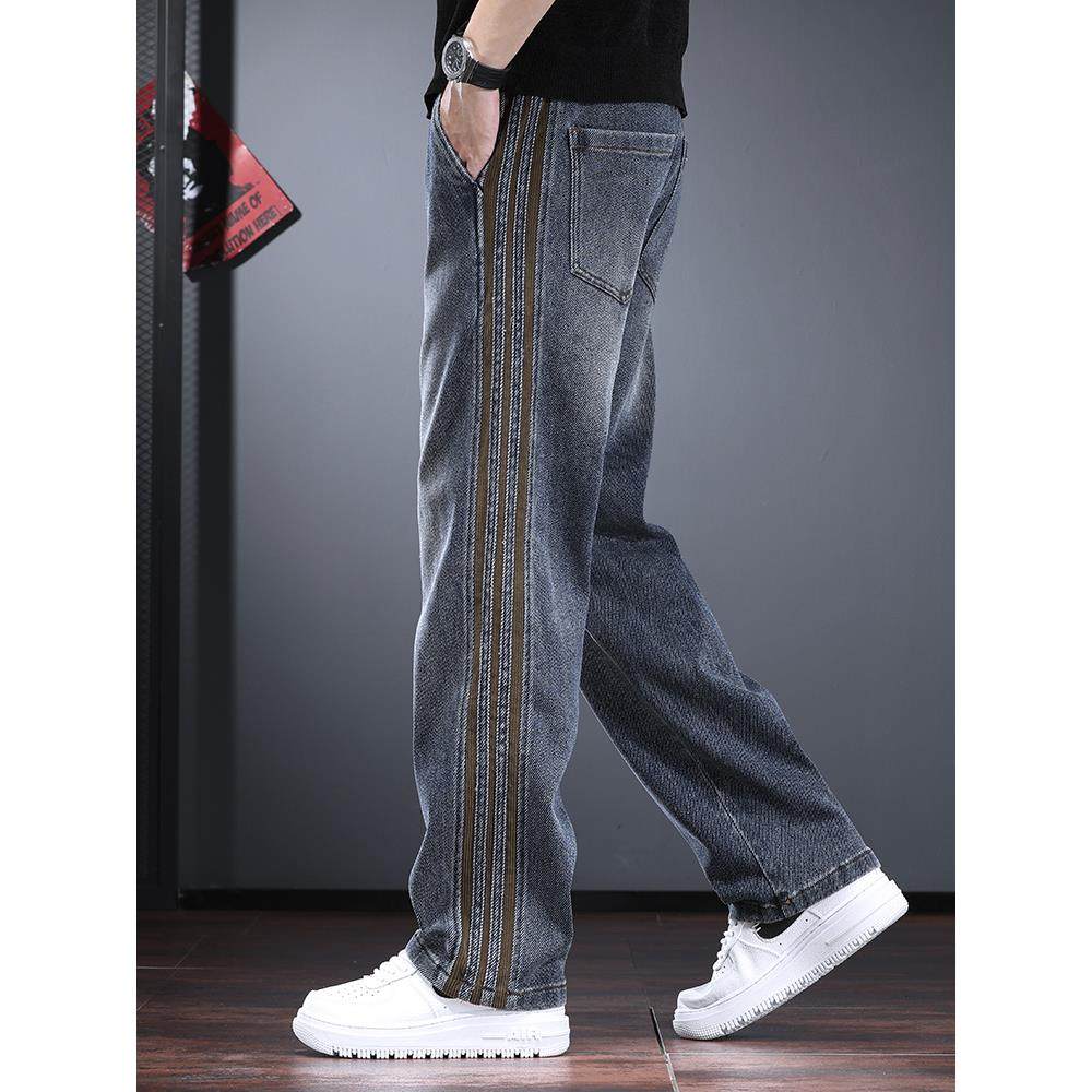 重磅休闲牛仔裤男秋冬款潮牌宽松直筒长裤条纹高街加绒加厚男裤子