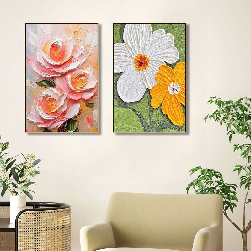 奶油风手绘花卉客厅挂画抽象厚肌理艺术感油画立体砂岩玄关装饰画图片