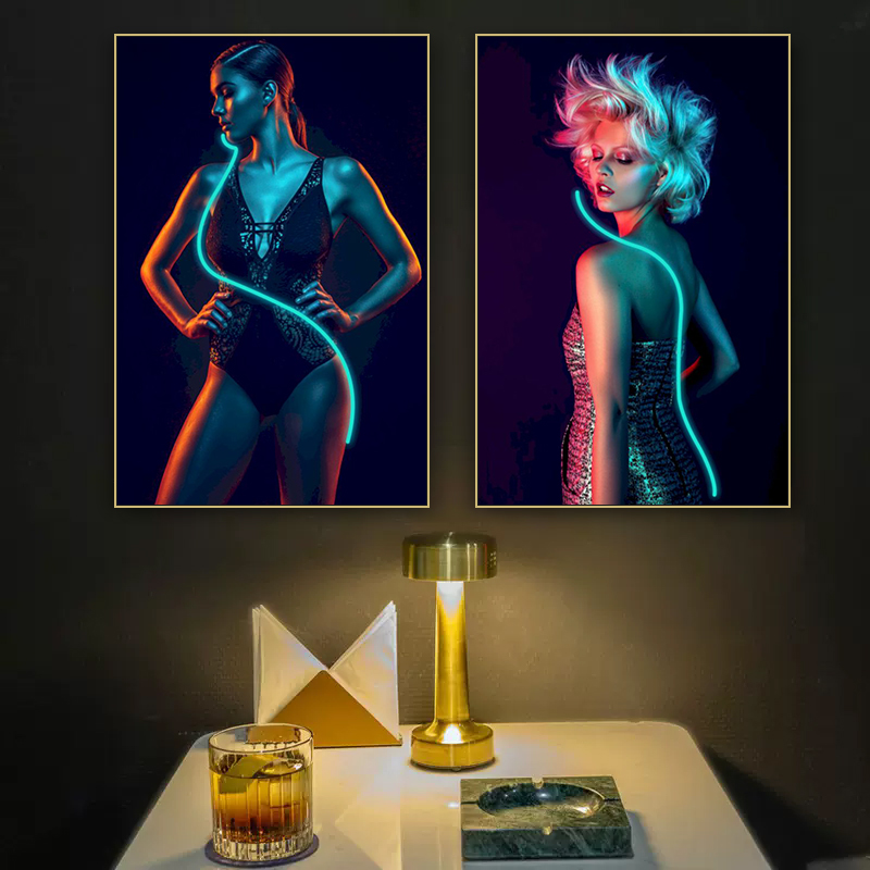 酒吧墙面装饰画赛博朋克酒店餐厅霓虹灯发光美女壁画清吧KTV挂画图片