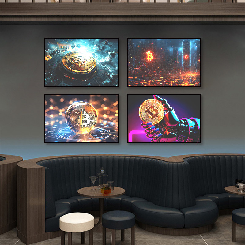 赛博朋克比特币发光挂画科技感装饰画加密货币ktv小酒馆酒吧壁画