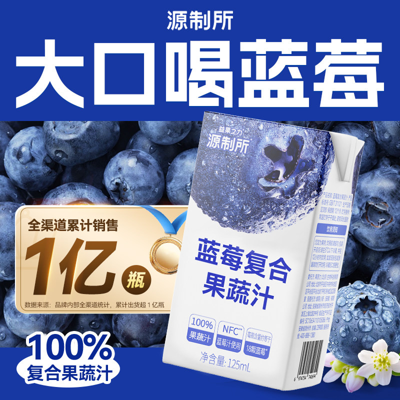 源制所蓝莓汁100%复合果蔬汁果汁饮料整箱 6种果蔬 无添加饮品