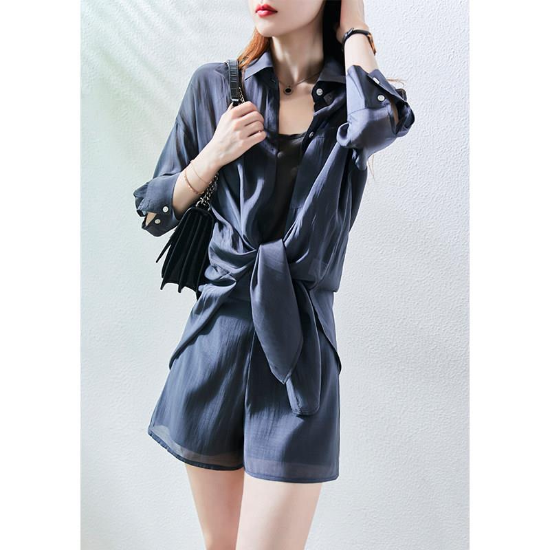 法国DRCO天丝衬衫三件套女夏装2023新款欧货女装时尚洋气短裤套装