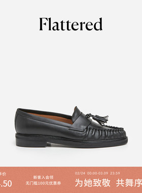 Flattered Sigrid女士牛皮手工流苏一脚蹬褶皱乐福鞋低跟通勤单鞋