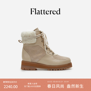 Flattered Linn女士真皮系带马丁靴羊毛绒厚底雪地靴加绒户外靴冬