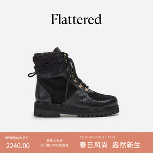 Flattered Linn女士牛皮毛一体马丁靴手工羊毛雪地靴厚底系带短靴