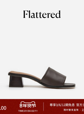 Flattered Jody女士羊皮外穿优雅粗跟一字凉拖鞋手工方头穆勒拖鞋
