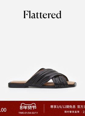 Flattered Gabriella女士羊皮复古方头手工褶皱外穿平底凉拖单鞋