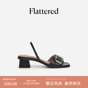 26新款 Flattered Jojo女士真皮复古手工金属扣方头后袢带高跟凉鞋