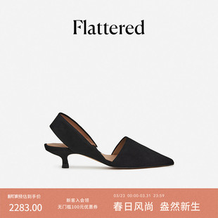新品 Ninni女士绒面羊皮小猫跟尖头包头凉鞋 Flattered 和慌慌同款