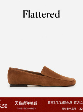 Flattered Ellis女士麂皮方头深口单鞋一脚蹬平底乐福鞋2025新品