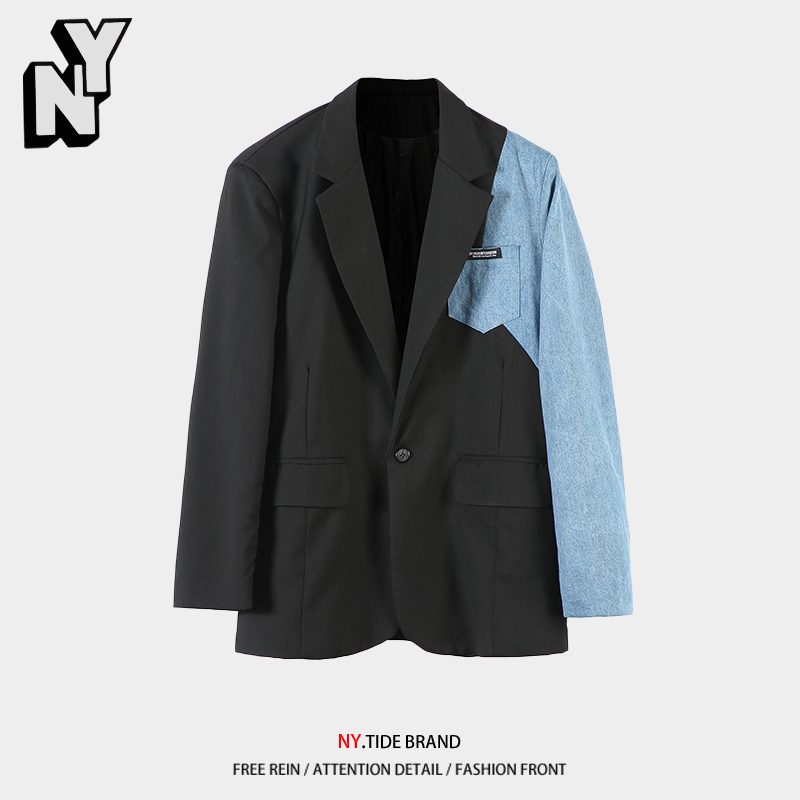 NY日系复古牛仔拼接DK西服男春秋休闲宽松高街痞帅设计感西装外套