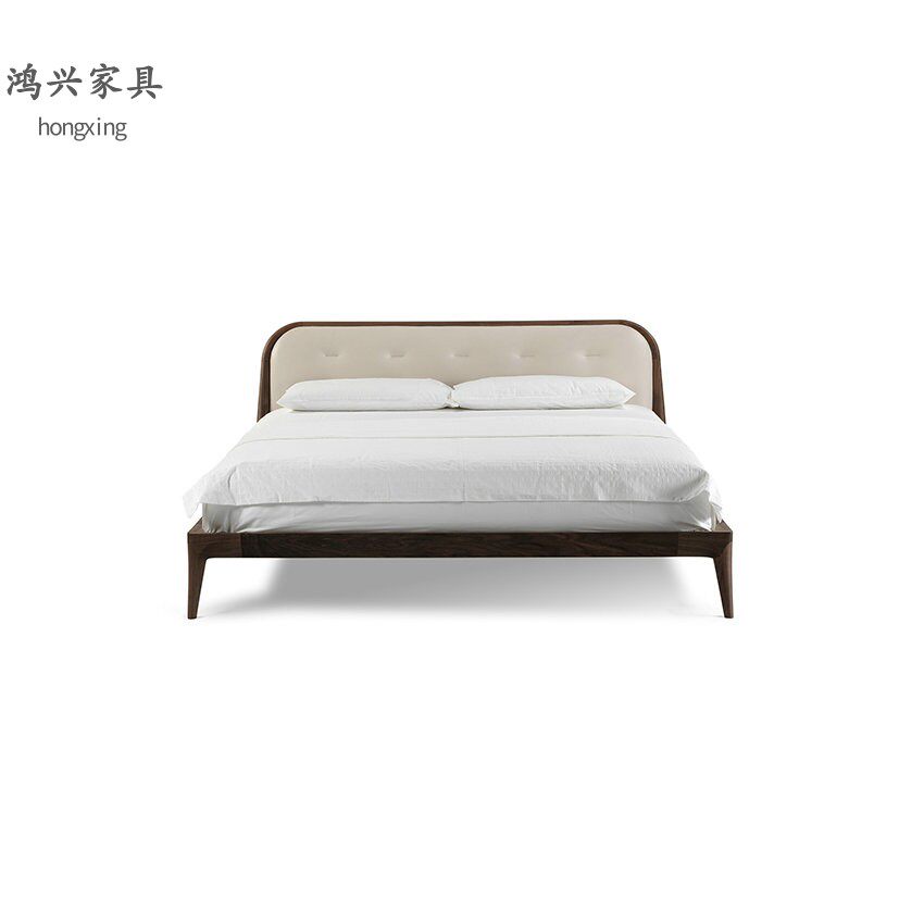 传世实木床黑胡桃木婚床真皮床简约现代主卧双人床实木框架结构