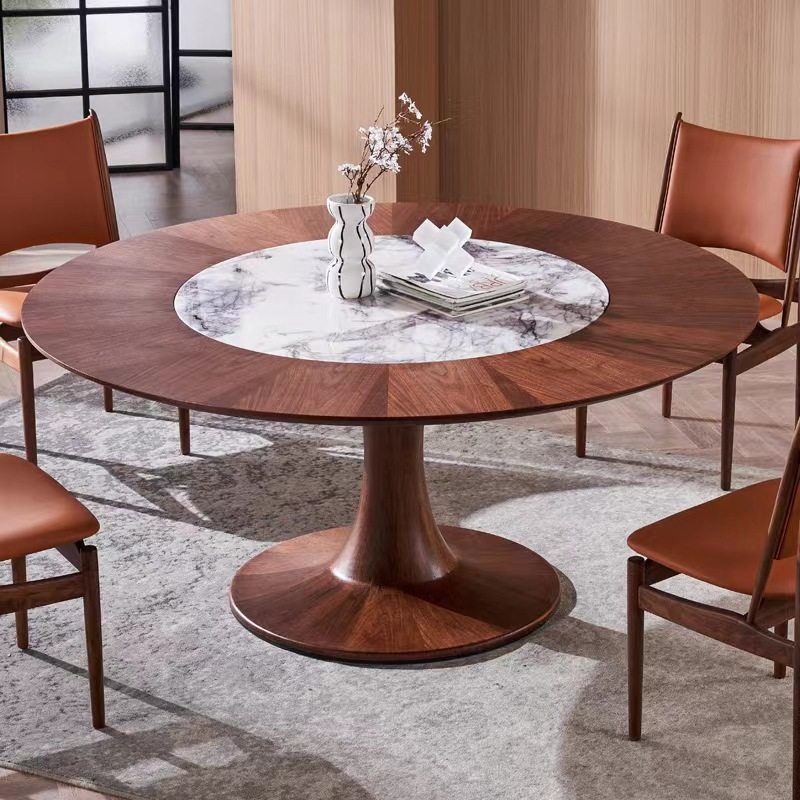 北美黑胡桃木饰面拼花实木向阳餐桌椅内嵌转盘设计师圆桌别墅桌子