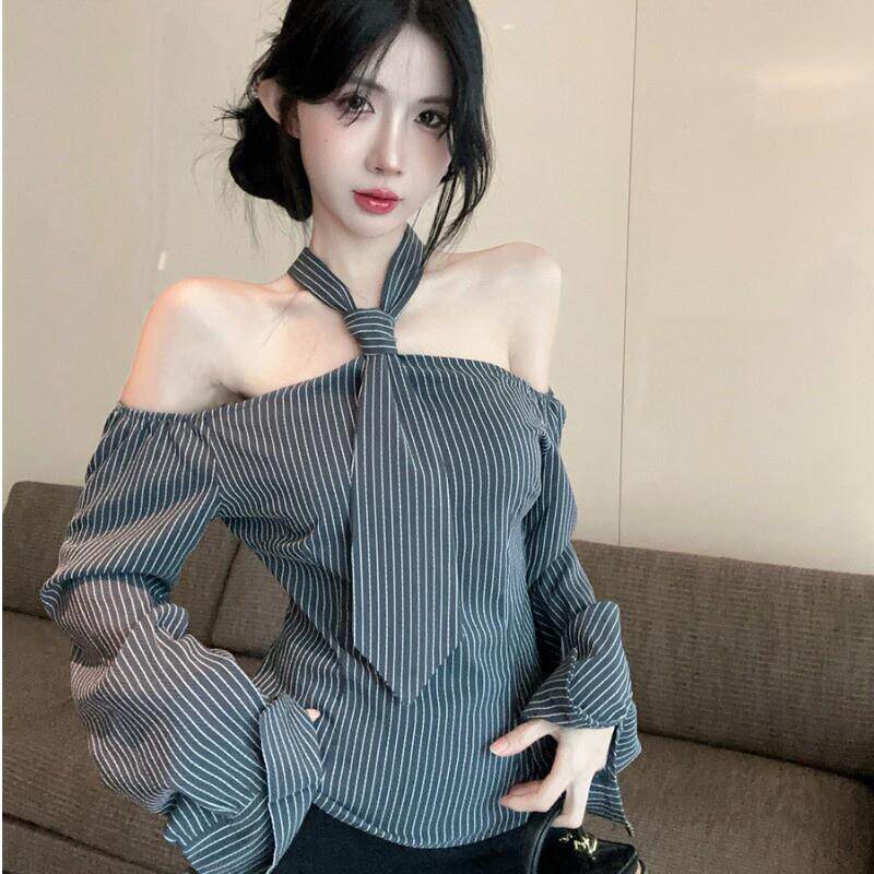 港味chic小众设计领带挂脖长袖衬衫女设计感绑带露肩条纹百搭上衣