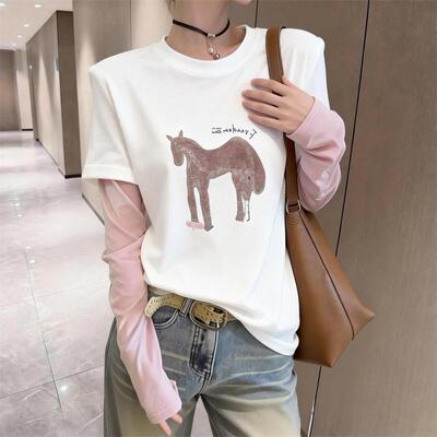 春季新款设计感假两件撞色印花长袖T恤女韩版时尚圆领休闲短上衣