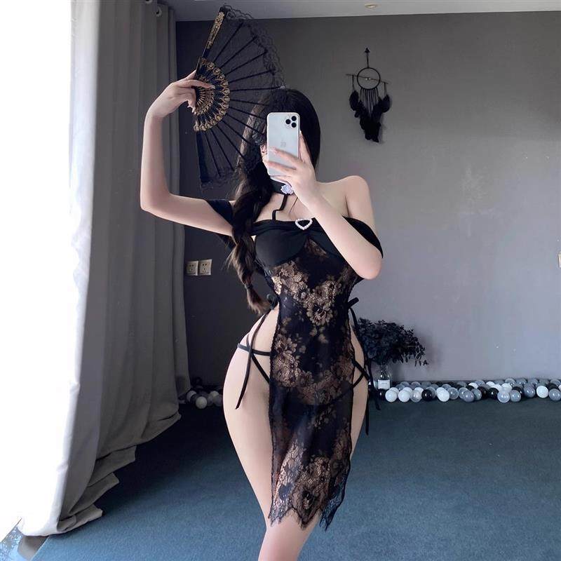 黑色性感辣妹显胸大蕾丝透视古风旗袍制服小心机高腰开叉连衣裙潮