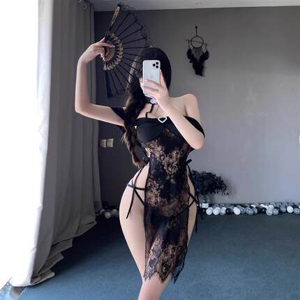 黑色性感辣妹显胸大蕾丝透视古风旗袍制服小心机高腰开叉连衣裙潮