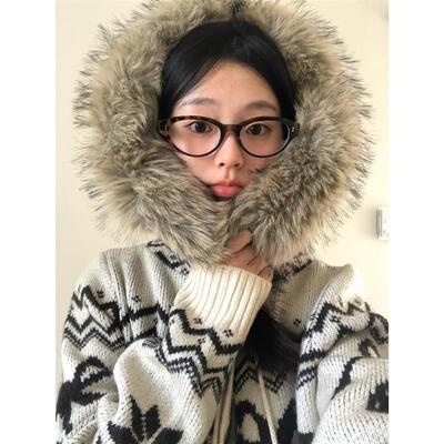 费尔岛毛领连帽毛衣外套女深秋冬季穿搭加厚高级感宽松慵懒风上衣