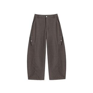2026春季新款毛呢高腰束脚阔腿两穿休闲裤女格子弯刀工装裤小个子