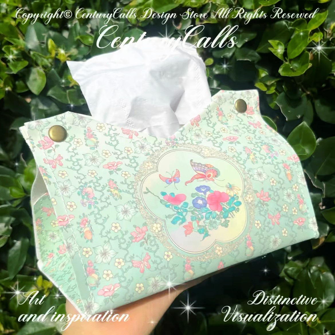 [锦地花蝶纹]中式纸巾盒清雅淡绿艺术礼物抽纸客厅车载收纳抽纸盒
