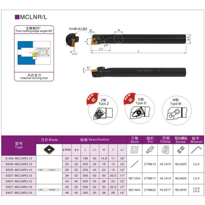 。内孔刀杆 S16Q/S20R/S25S/S32T/S40T/S40U/S50U-MCLNR12/MCLNL1